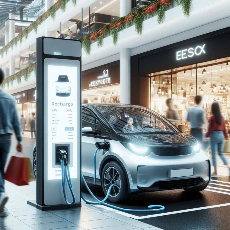 Voiture électrique en train de se recharger à une borne publique dans un centre commercial