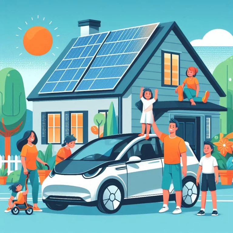 Voiture électrique moderne devant une maison avec panneaux solaires, représentant la transition vers des véhicules écologiques.