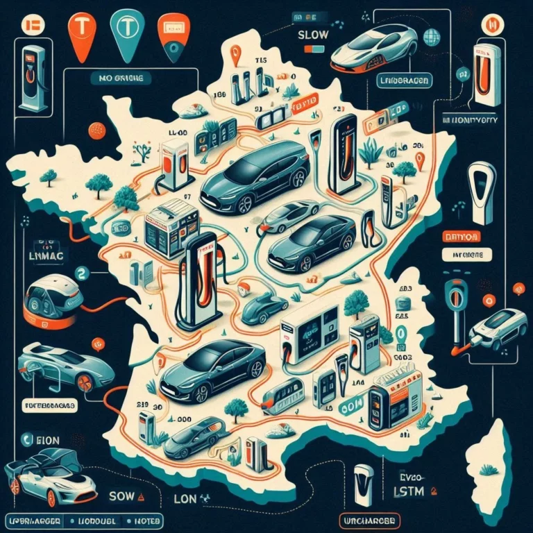 Carte de France montrant les emplacements des bornes de recharge électrique dans les grandes villes et sur les autoroutes.