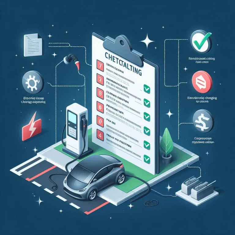 Liste de contrôle illustrant les éléments à considérer pour un devis de borne de recharge électrique, incluant des icônes représentant la puissance, le type d'installation, le coût et les spécificités du site.