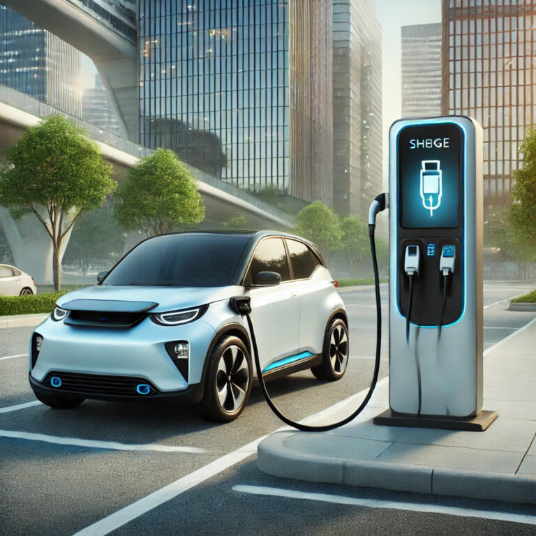 Borne de recharge pour voiture électrique en milieu urbain avec une voiture électrique branchée, illustrant le fonctionnement des bornes de recharge dans une ville.