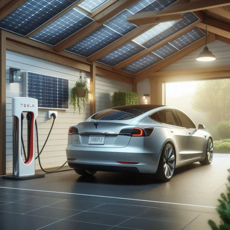 Tesla branchée à une borne de recharge Tesla Wall Connector dans un garage avec panneaux solaires.