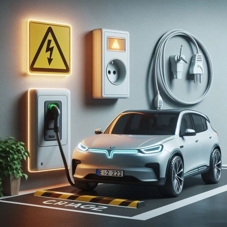 Voiture électrique en charge sur borne avec prise murale à proximité et avertissement de sécurité.