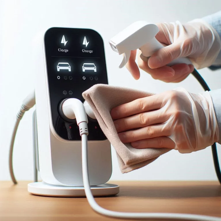 Personne nettoyant une borne de recharge électrique avec un chiffon doux pour maintenir son efficacité.