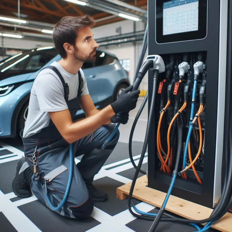 Technicien inspectant les connexions et les câbles d'une borne de recharge électrique pour s'assurer de leur bon état.