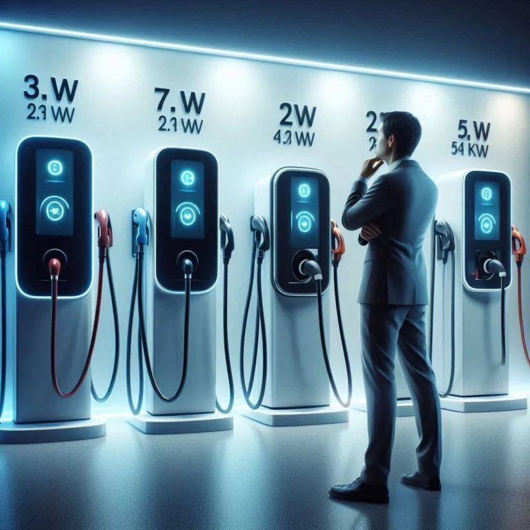 Différents types de bornes de recharge avec puissances variées, un homme réfléchit au choix adapté pour son installation électrique, illustrant l'importance de la compatibilité avec l'installation domestique.